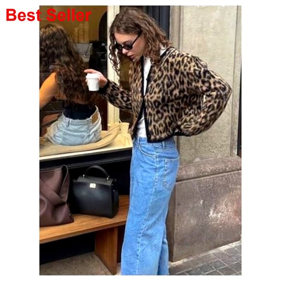 Leopard Print Cardigan Sweater, Button Down Fuzzy Knit, Long Sleeve Women's - Picture 5 of 6